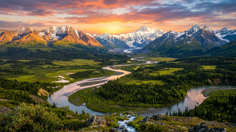 Winding river through forested valley with snow-covered mountains at sunset